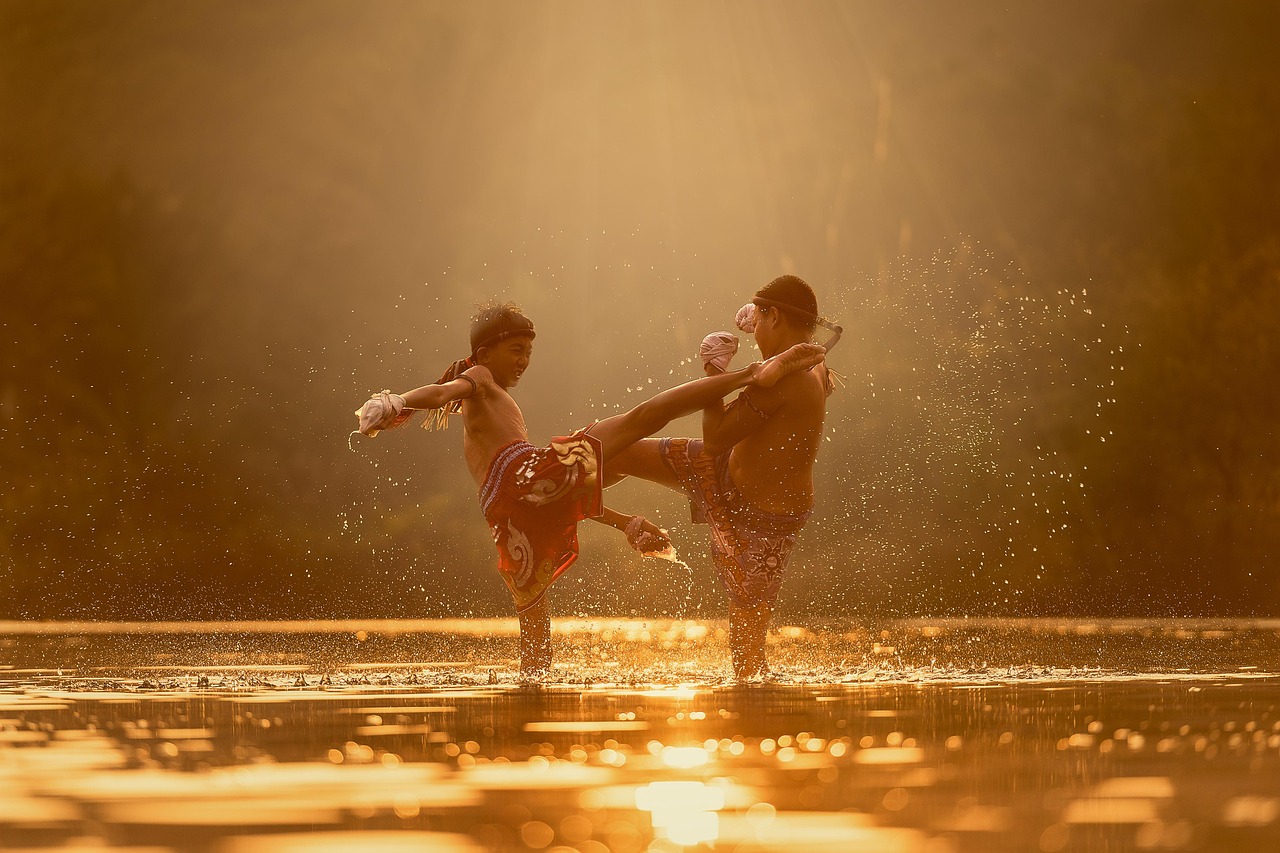 children, river, attack, martial arts, boxing, boys, exercise, kick, kickboxing, fighting, thai boxing, splash, sports, asia, thailand, training, nature, water